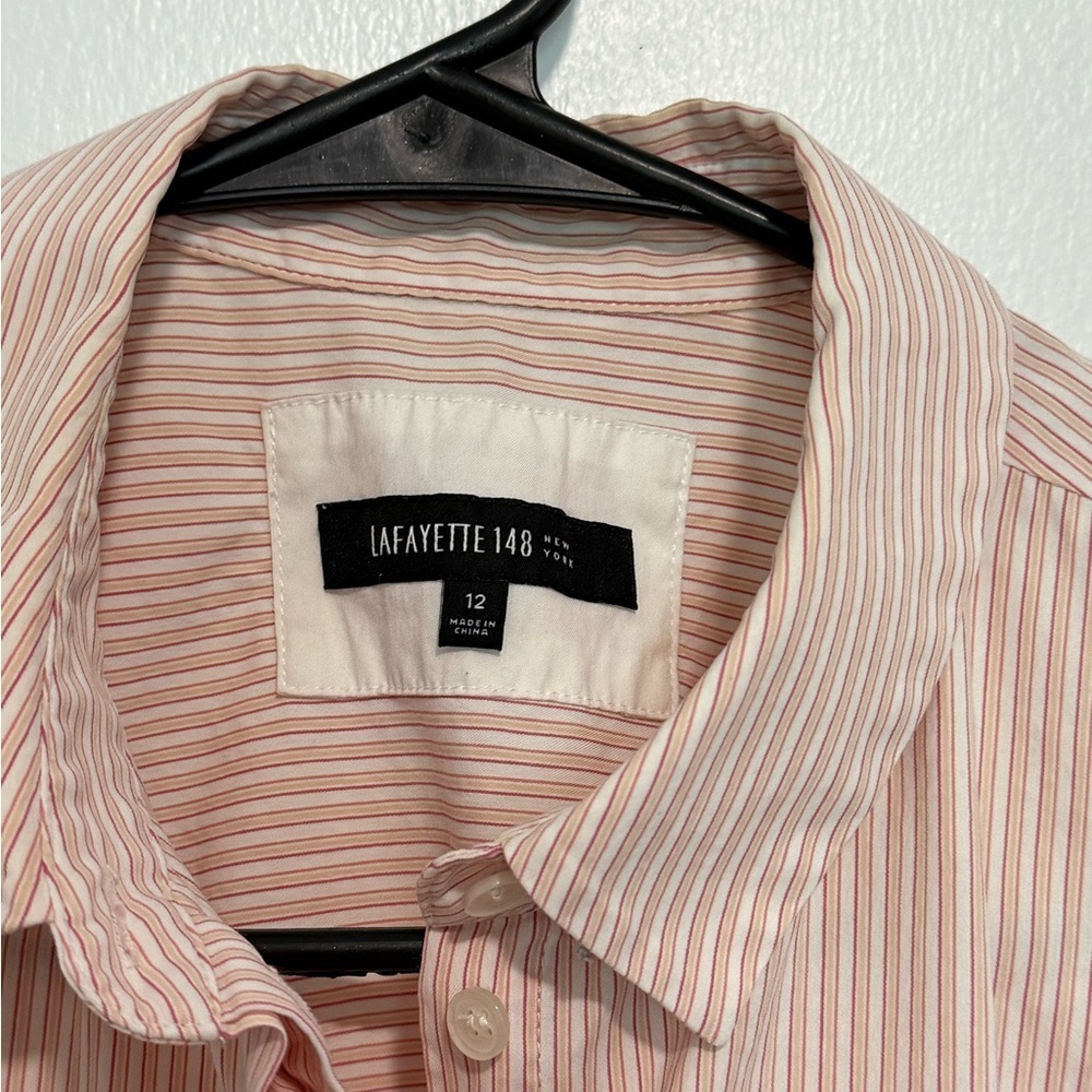 Lafayette 148 New York Womens Button Up collared  Blouse Pink Striped Size 12 - Picture 2 of 4